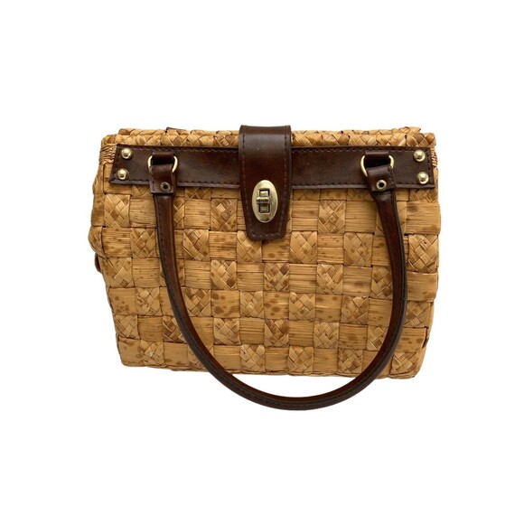 Vintage MR. ERNEST Woven Wicker Handbag Brown Leather Top Handle Bag Purse - Picture 2 of 9